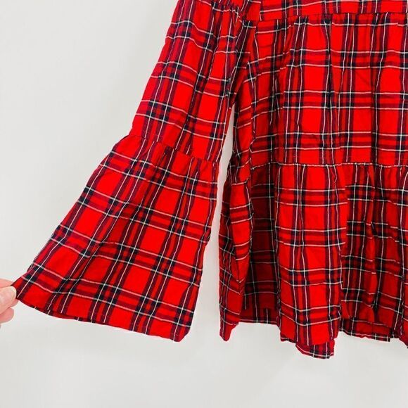 Madewell Size Small Red & Black Plaid Tiered Button Back Swing Top - Picture 7 of 11